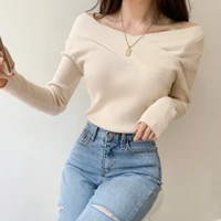 women autumn winter long sleeve sweater tops slim cross v neck vintage blouse office lady off shoulder knitted outwear shirt
