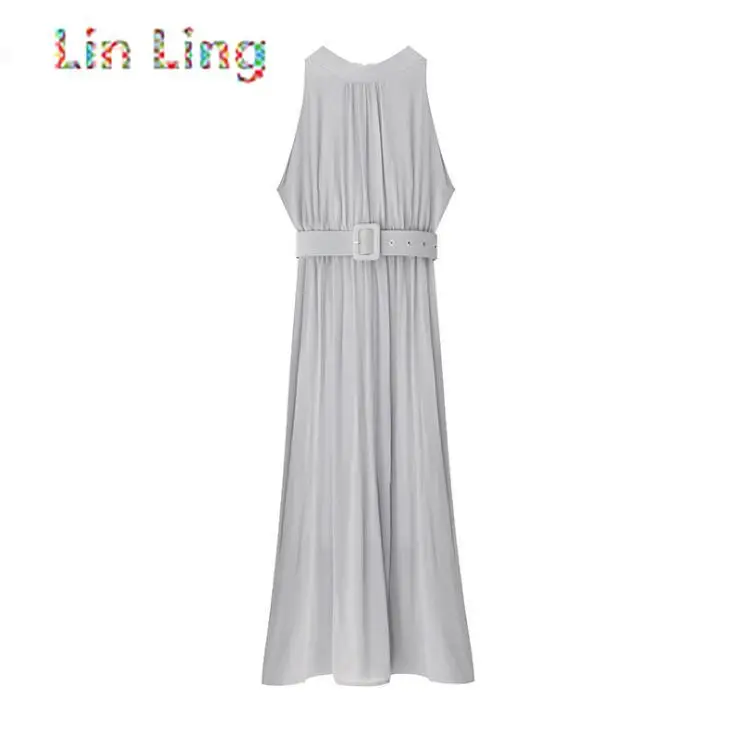 

LinLing Sexy Chiffon Dress Women Summer 2021 Halter Sleeveless Dresses Korean Slim Waist Vestidos Maxi Beach Dress