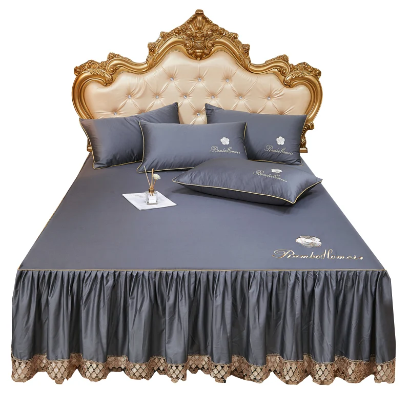 

High-Grade Luxury Four Seasons Pure Cotton Soft Bed Skirt Cotton Quilt Skirt Queen Cushion bed cover solid lace no pillowcase