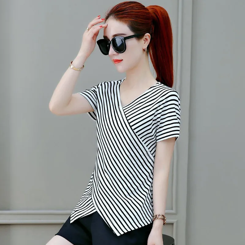 

Newly Women Short Sleeve T-shirt V-neck Striped Slim Fit Summer Tops Irregular Hem DO99