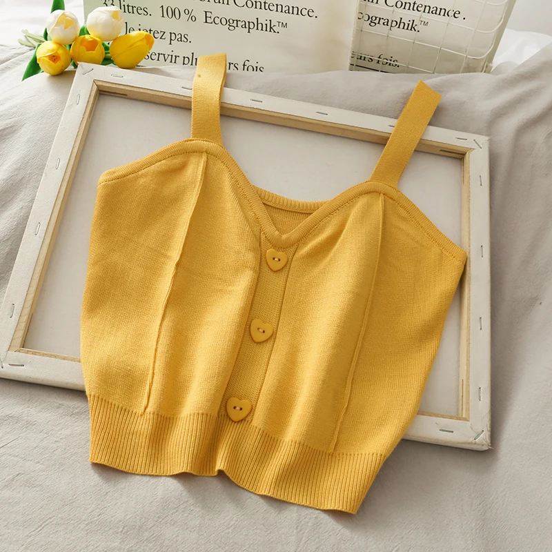 Женский укороченный топ в Корейском стиле свитер майка на пуговицах трикотажный