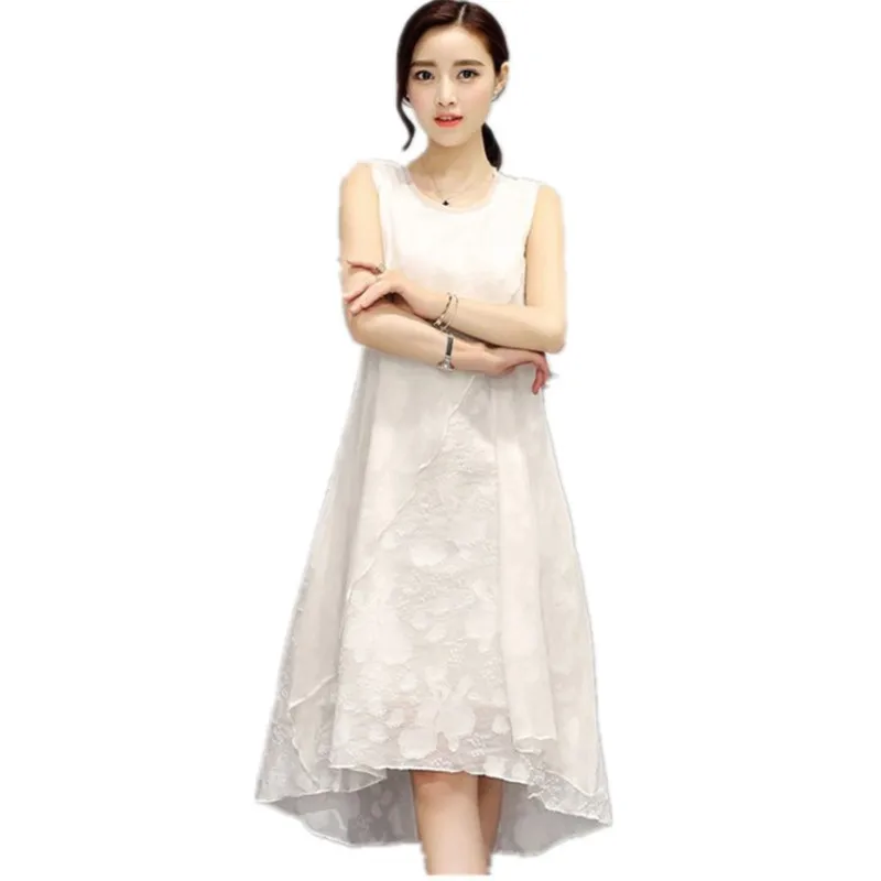 

dress for women long summer 2020 new Sleeveless dress ladies imitation silk over the knee lace fashion elegant loose dress
