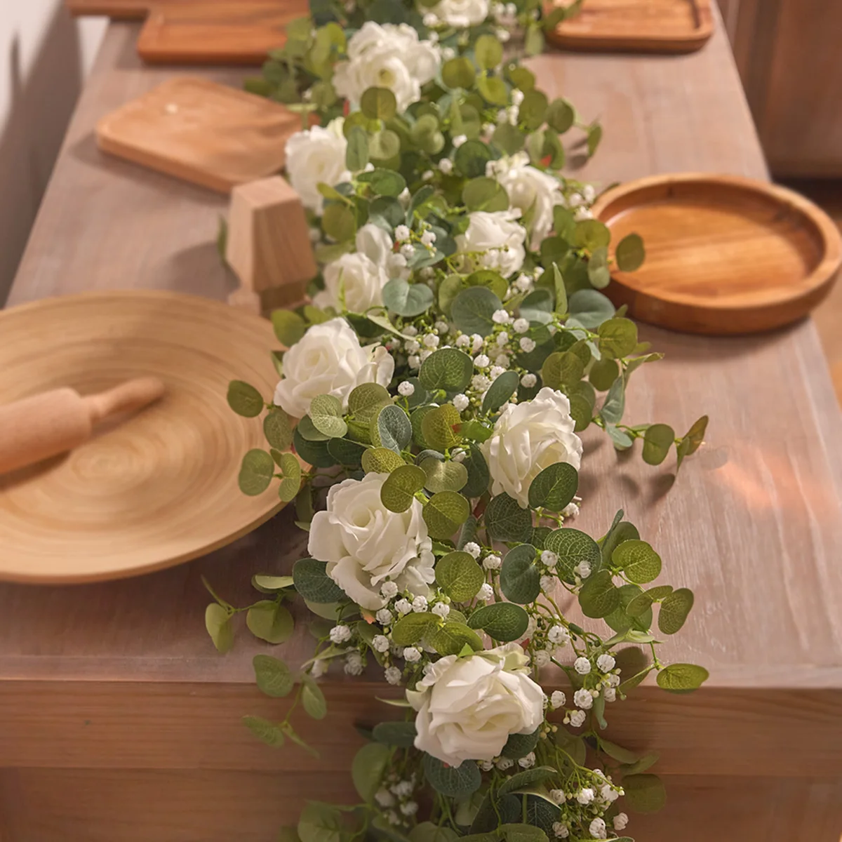 PARTY JOY Artificial Flowers Silk Rose Gypsophila Garland Fake Eucalyptus Vine Hanging Plants for Wedding Home Party Craft Decor images - 6