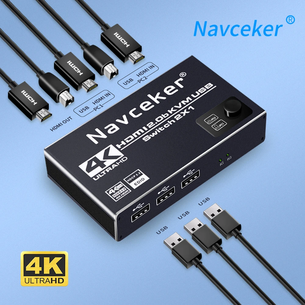Navceker HDMI совместимый KVM переключатель 2 порта 4K USB DP распределитель коробка для