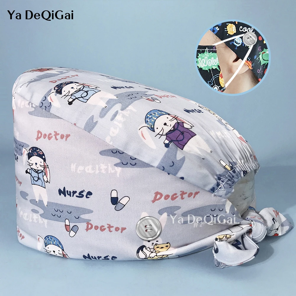 

Регулируемая Кепка для медсестры, кепка с мультяшным принтом для салона красоты, скрабы для домашних животных, пылезащитная Кепка унисекс, ...