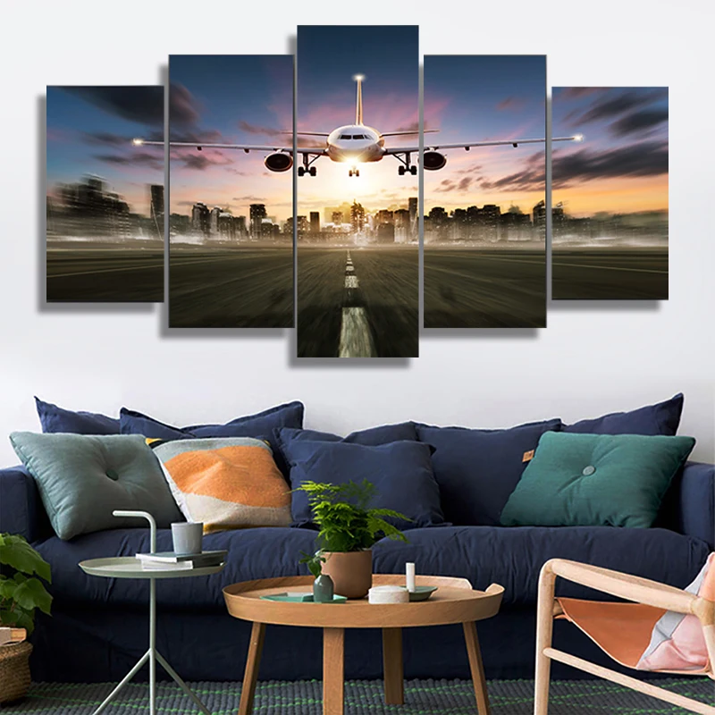 

HD Modern Hanging Paintings 5 Airplane Posters Canvas Art Painting Sunset Backlight Picture Lawn Wall Art Picture Living Room De
