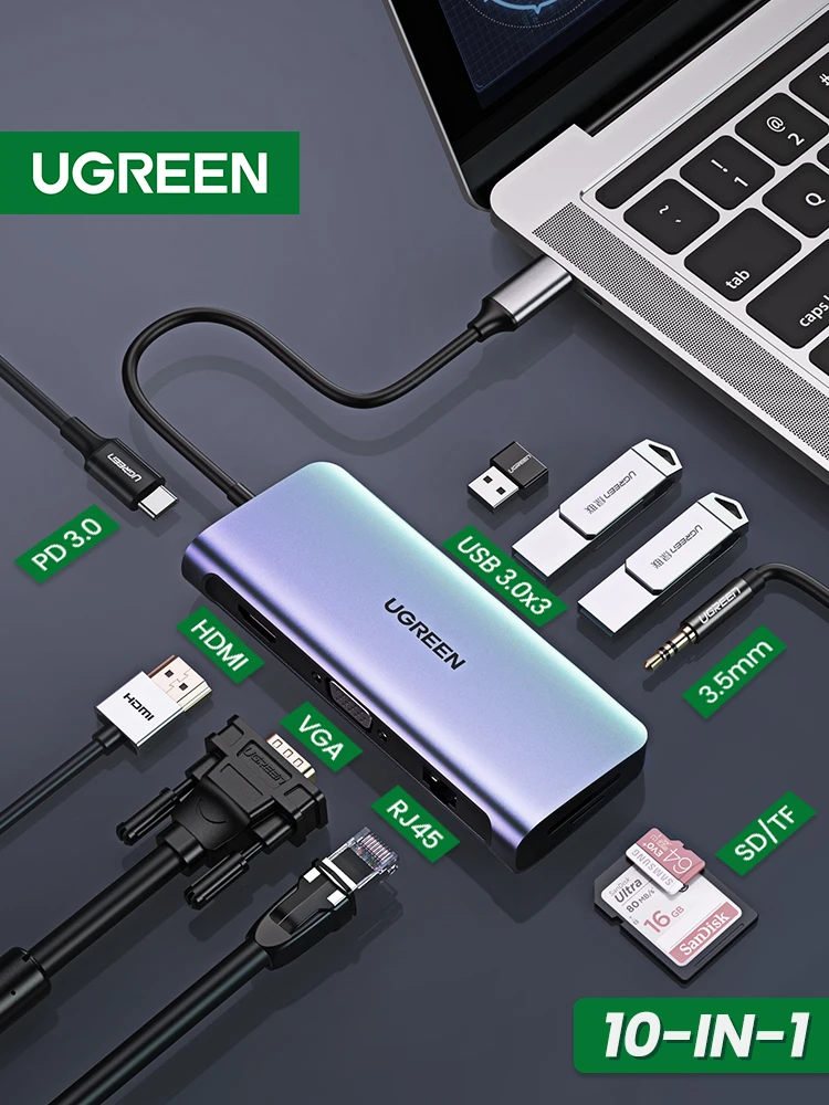 

UGREEN USB C HUB 10 in 1 USB Type C to HDMI 4K USB 3.0 VGA PD 3.5mm Full Function HUB for MacBook/Pro/Air iPad Pro USB C HUB