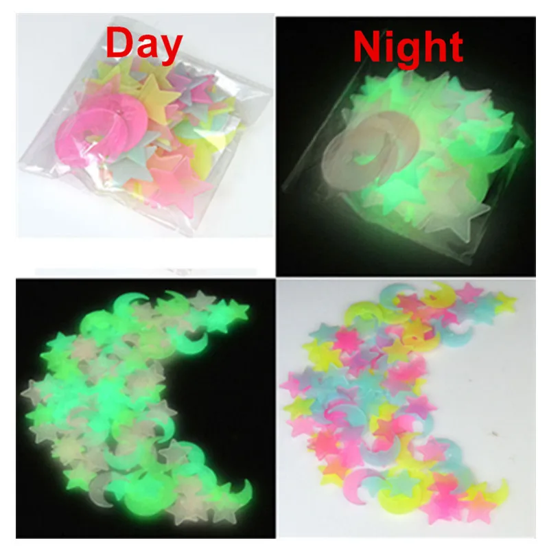 

100pcs/set Night Luminous Star Moon Stickers Plastic Light Up Glow In The Dark Toys Wall For Baby Kids Bedroom Sleeping Gift