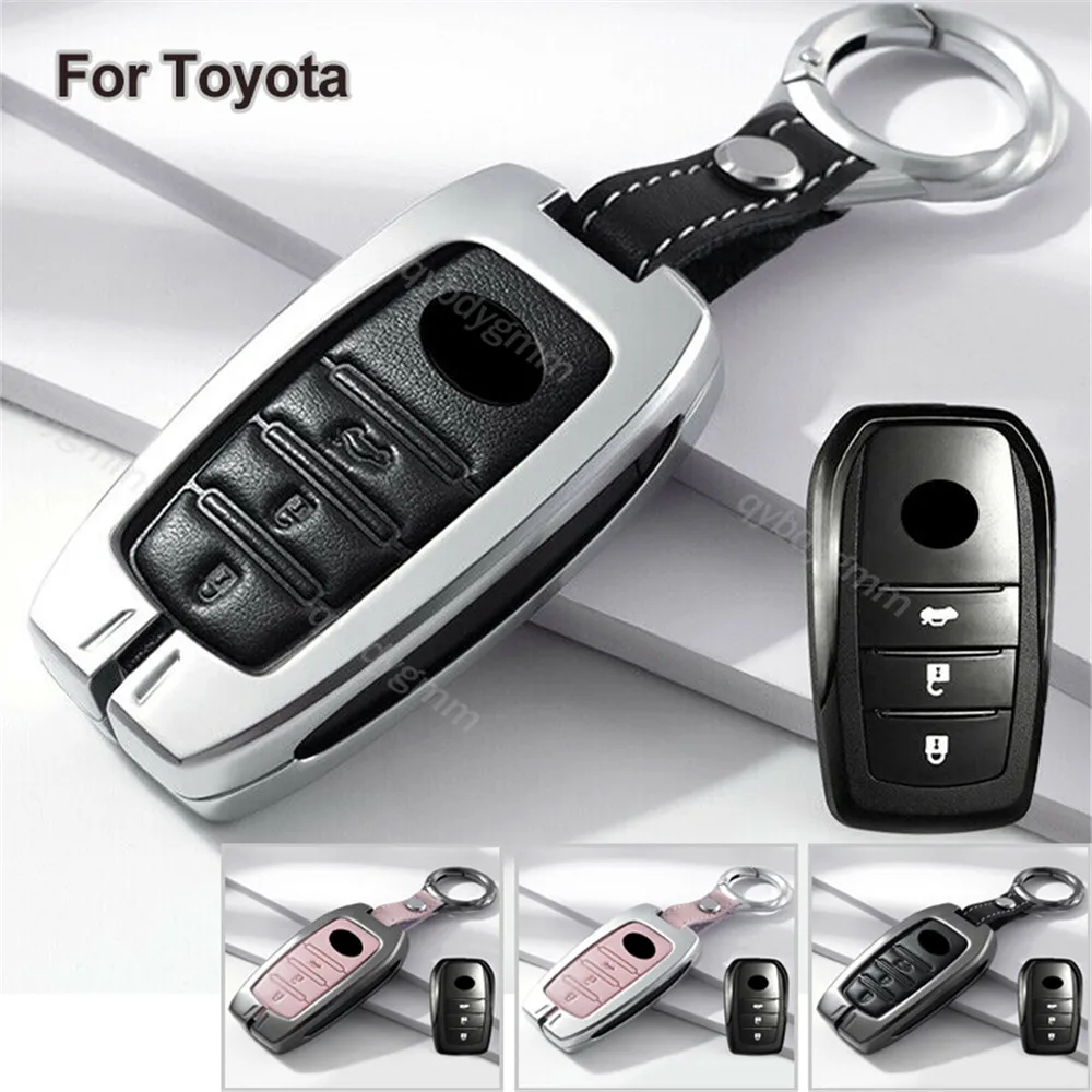 

3 Button Zinc Alloy Leather Car Remote Key Case Cover Protector Shell Fob For Toyota RAV4 Highlander Fortuner Keychain Holder