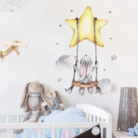 cartoon cute bunny rabbit swing on the stars baby nursery wall stickers wall decals for kids room pvc removable stickers pvc diy