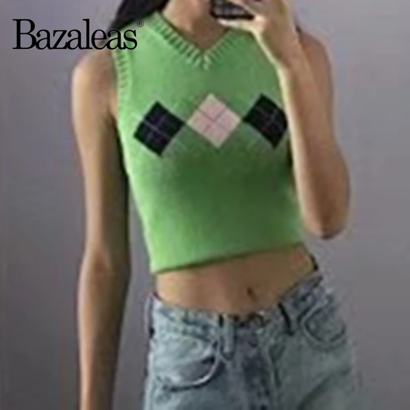 

Зеленая Осенняя футболка в шотландскую клетку Pull Femme жилет с v-образным вырезом, Сумочка через плечо плетенная Женская майка свитер модный п...