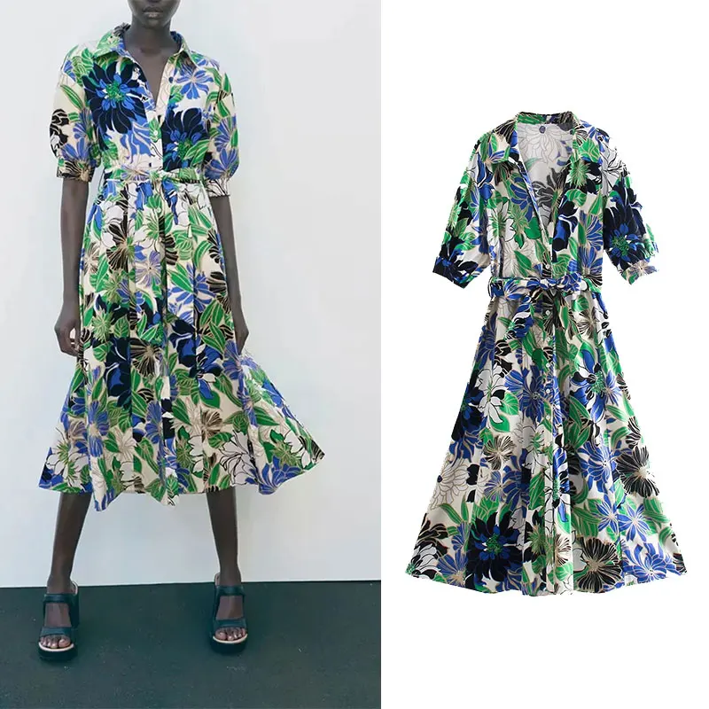 

Женское платье-рубашка с принтом Za, длинное повседневное винтажное платье миди с коротким рукавом и поясом, лето 2021