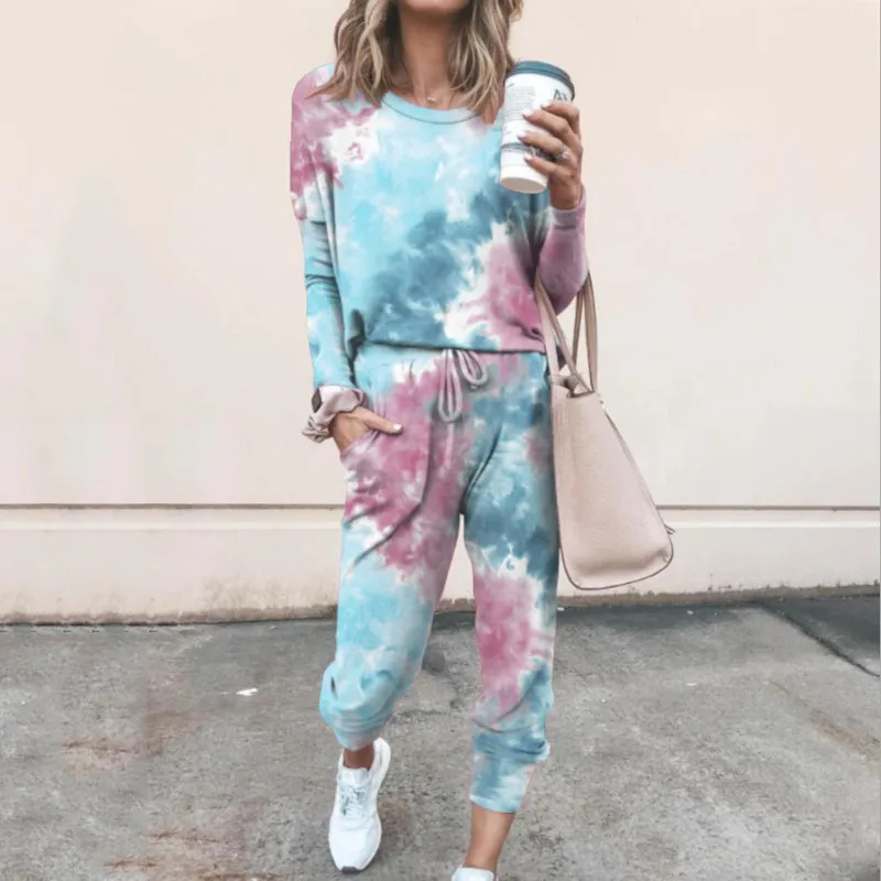 

New Women Two Piece Set Autumn Home Wear Female Tie Dye Print 2 Piece Sets Long Sleeve Top Pants Suit Streetwear Plus Size