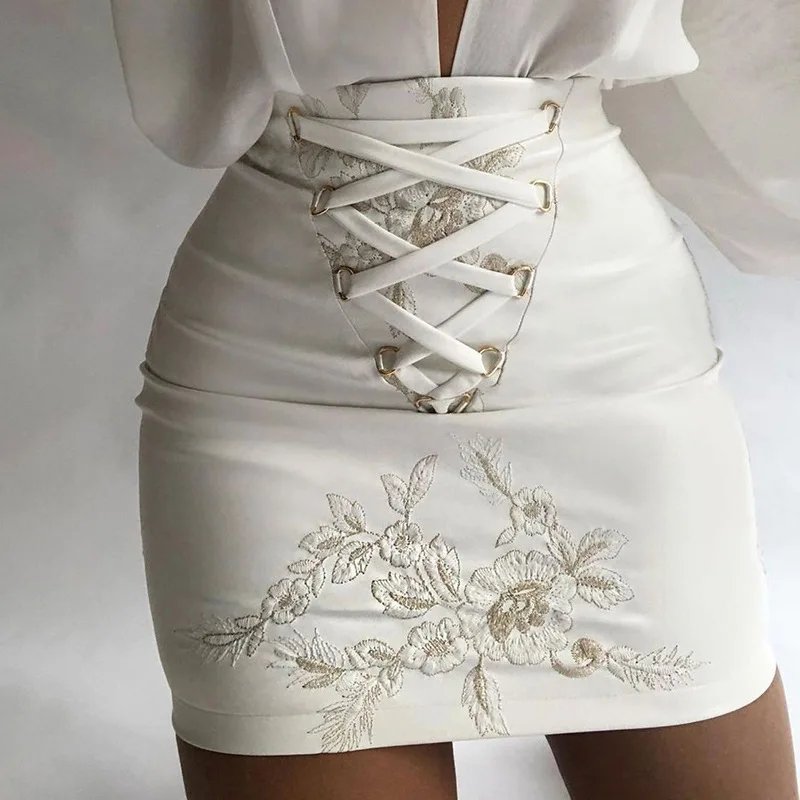 

MissThalia Women White High Waist Pu Leather Slim Embroidery Bandage Mini Short Skirt Bodycon 2021 Female Clothing Streetwear