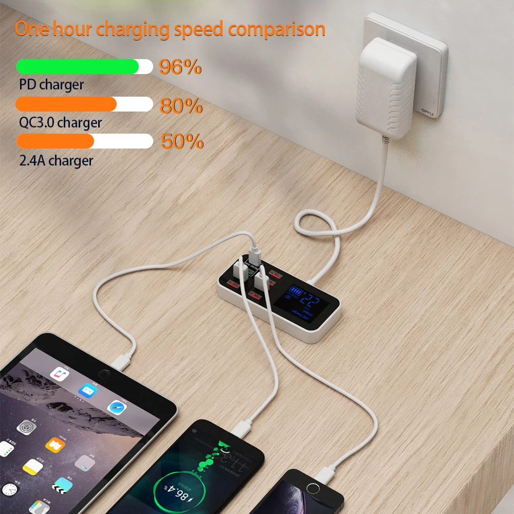 8 портов несколько USB-зарядных устройств с портом быстрой зарядки и ЖК-дисплеем
