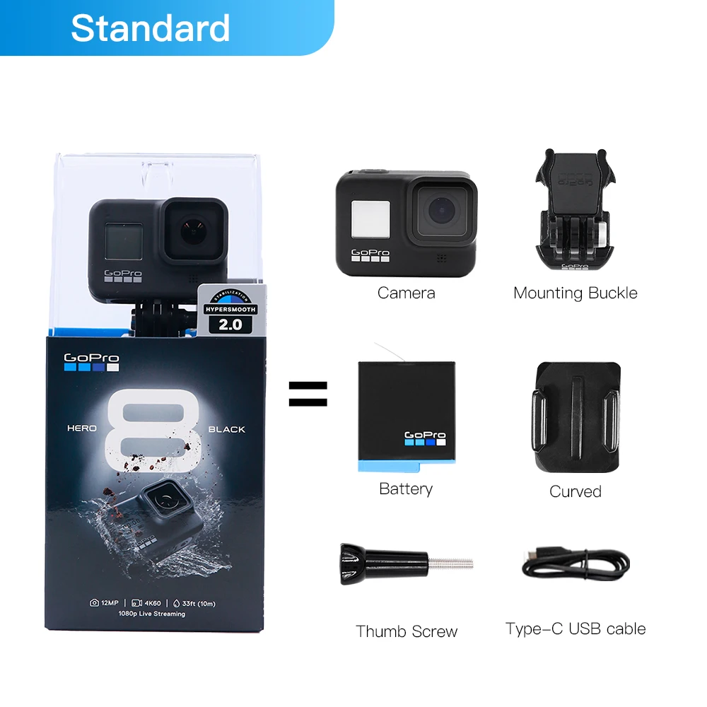 Official Standard Оригинальная Водонепроницаемая экшн-Камера GoPro HERO 8 черного цвета, 4 K, Ультра HD видео, 12 МП, фото, 1080 p, прямая трансляция, Go Pro Hero8, Спортивная камера - Цвет: Official Standard