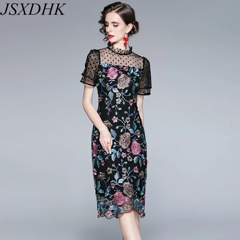 

JSXDHK 2021 новые роскошные летние сетчатые платья-футляры, винтажные женские черные облегающие платья миди в горошек с цветочной вышивкой и рас...