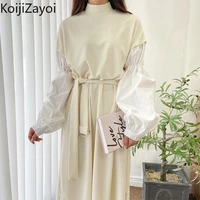 koijizayoi fashion women patchwork maxi dress puff long sleeves o neck belt elegant dresses chic korean 2022 new loose vestidos
