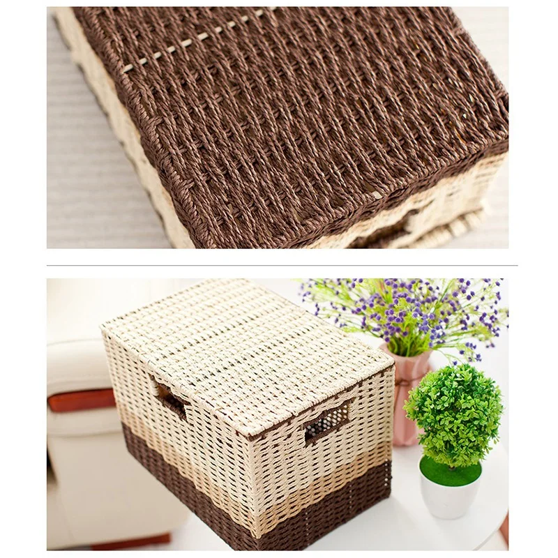 

Grass Woven Storage Basket with Lid Sundries Clothes Storage Basket Sorting Boxes Home Kitchen Organizer