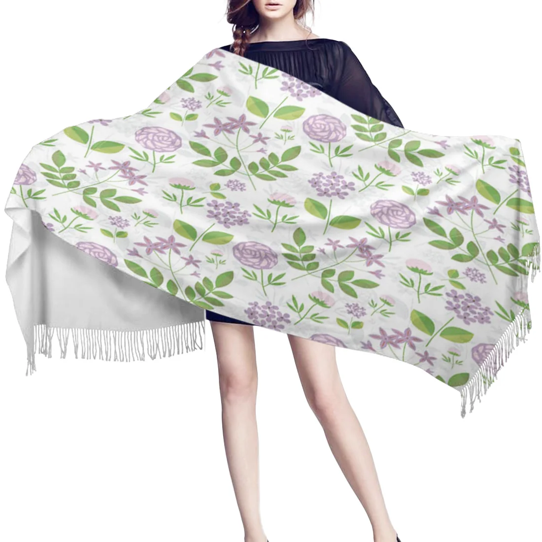 Green Flowers Leaves Plant Pattern Winter Scarf Women's Cashmere With Tassel Fashion Casual Soft Shawl | Аксессуары для одежды