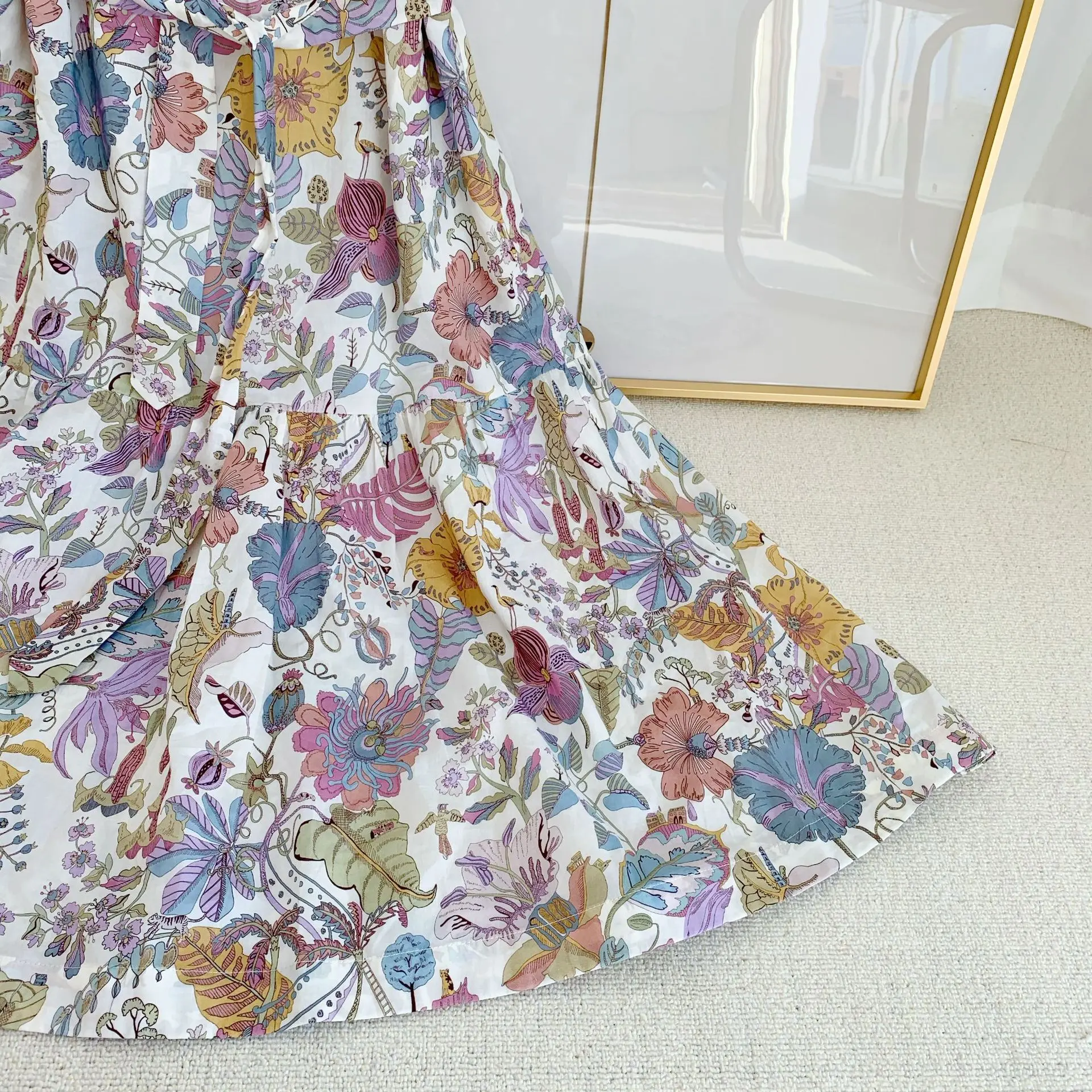 

Plant Flower Print Midi Dress Women O-neck Short Sleeve Ruffles Dresses With Sashes 2020 New