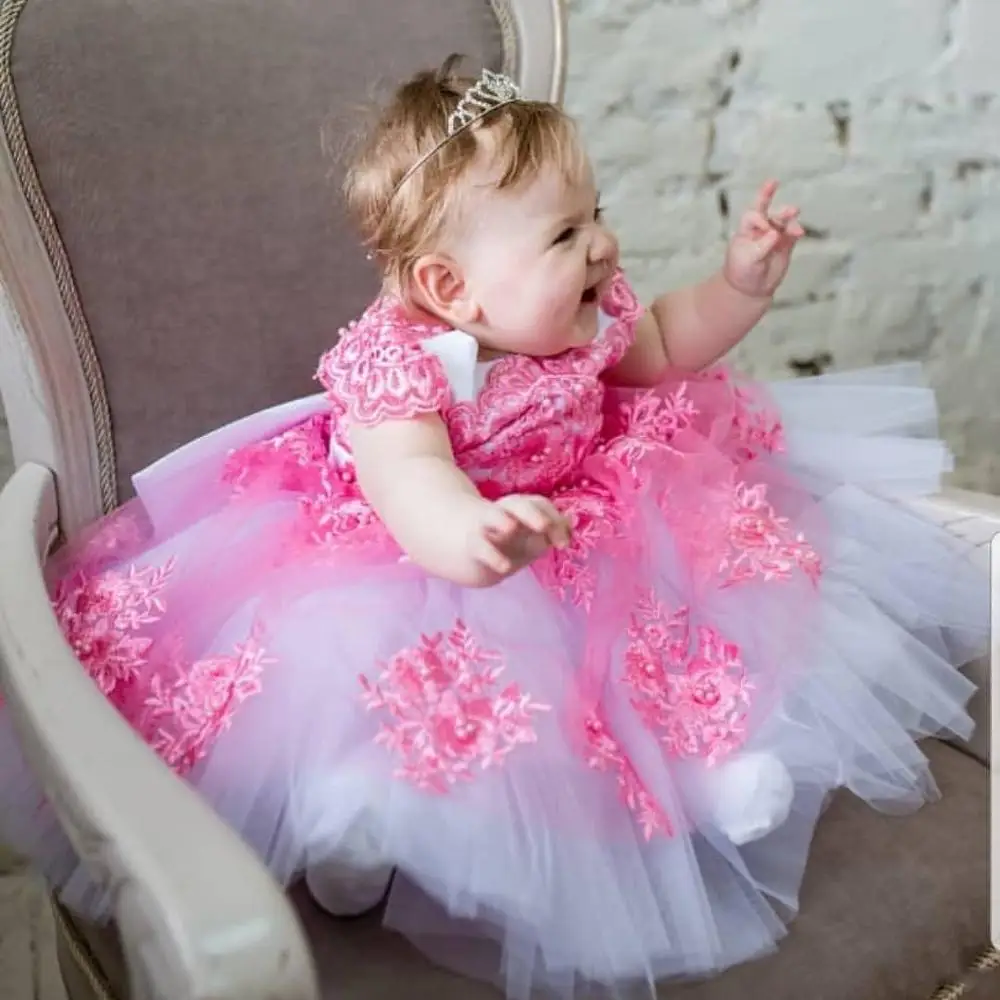 Baby Girl Dresses Pink Applique Lace Tulle Kids Birthday Dress Baptism Gown Children Party Wear