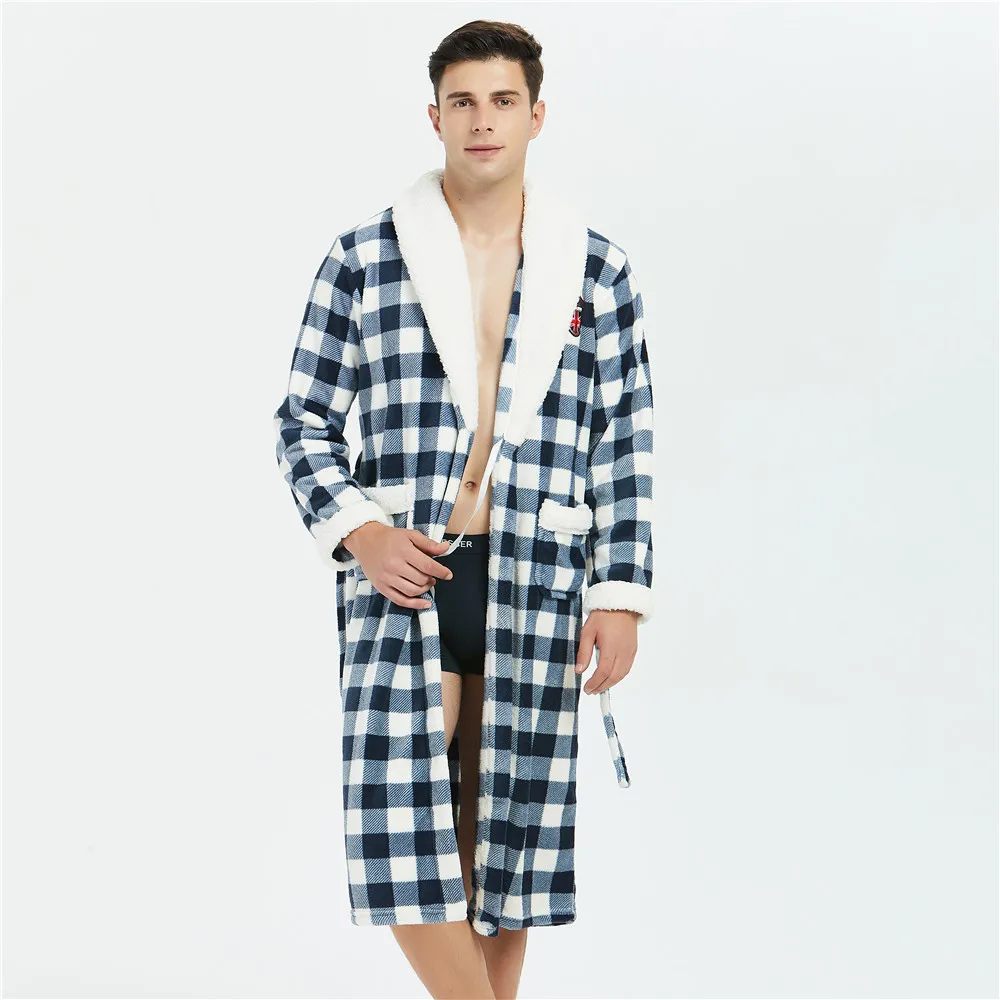 

Men Winter Plaid Flannel Robe Nightwear Home Clothing Coral Fleece Short Nightgown Coral Fleece Kimono Gown Home Wear Bath Robe