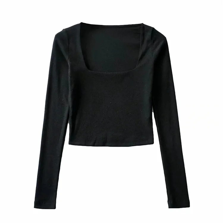 

WOMENGAGA Spring Autumn Solid Color Square Neck Long Sleeve Bottomed Tops Women Low Collar Casual Short Stretch T-shirt 6SQS