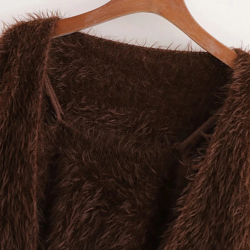 

Women New Casual Brown Hairy Camisole And Sweater Female Sweet Simplicity Long Sleeve Button Less Cardigan Chic Tops