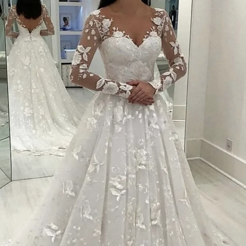 

Solid A-Line Dress Women V-Neck Full Sleeve Lace Appliques Sequined Backless Floor Length Sweep 2021 Bride Custom Made Dresses