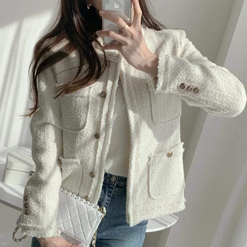 

Jackets Women Korean Chic French Temperament Round Neck Metal Single Breasted Design Multi Pocket Tassel Tweed Short Coat