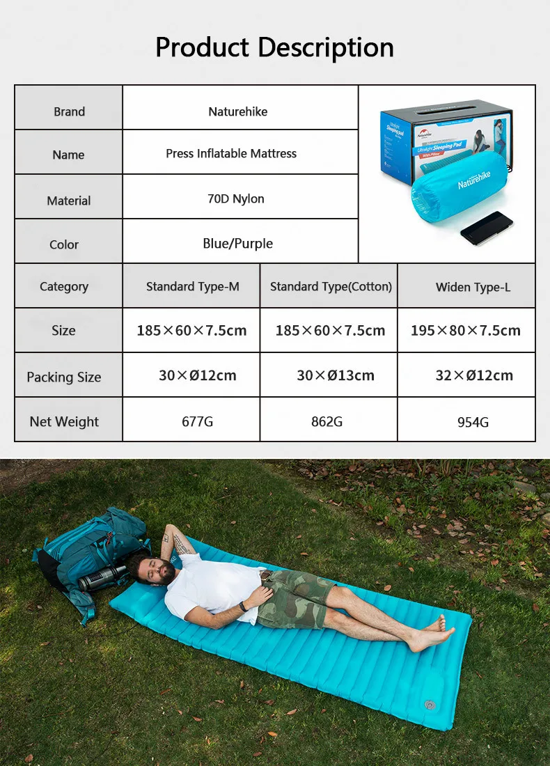 Naturehike коврик для кемпинга надувной матрас уплотненный воздушный коврик спальный коврик с подушкой легкий портативный коврик для палатки NH18Q001-D