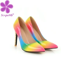 rainbow gradient colorful women pumps high thin heel pointed toe bridal wedding shoes sexy ladies mary janes plus size 34 46