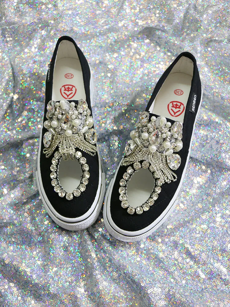 

Canvas shoes women's single foot women's shoes summer thick-soled shoes rhinestone tassel white shoes all-matc RPSH