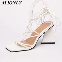 alionly 2022 summer new square toe triangle heel strap thick high heel shoes for women 8cm high sandals chaussure femme