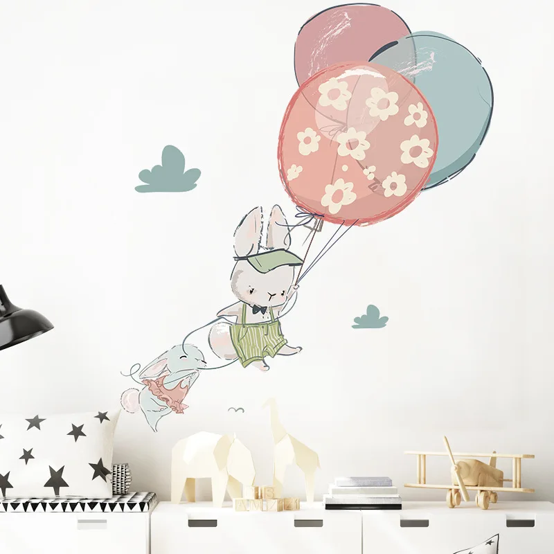 Cartoon Balloon Bunny Animals Wall Stickers Kids Room Decoration Baby Nursery Bedroom Living Room House Decor PVC Kids Stickers images - 6