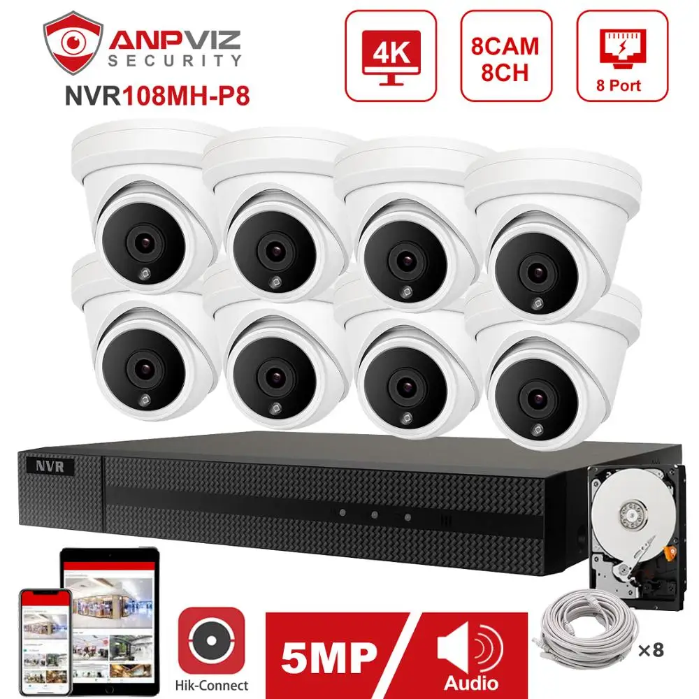 Hikvision H.265 + OEM 8CH 4K NVR Anpviz 4/6/8pcs 5MP POE IP Camera System Indoor/Outdoor Security Kit IP66 Hik Connect 30m P2P|Система