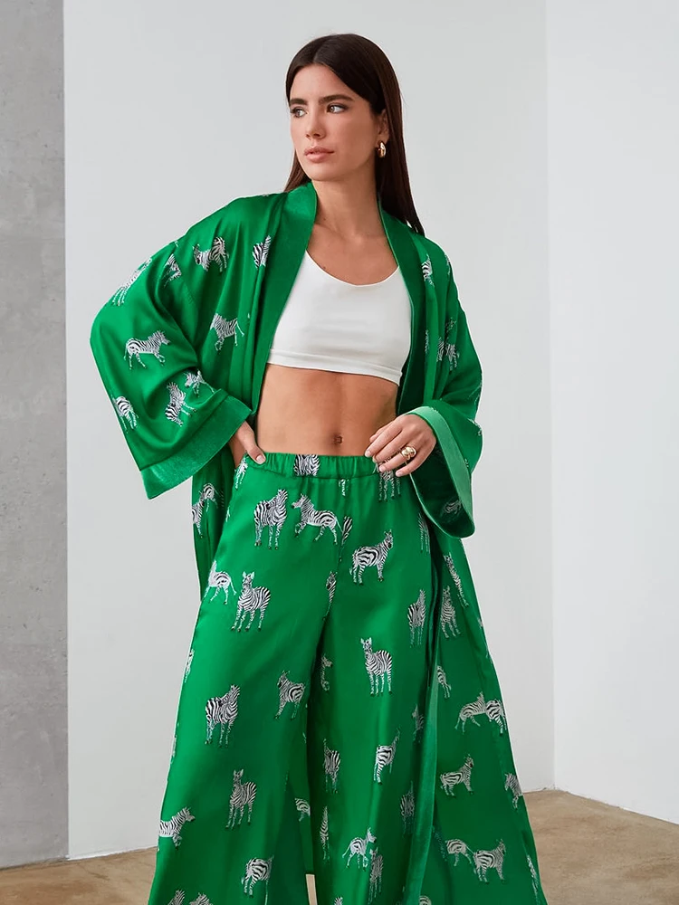 

Animal Print Sleepwear Women Pajama Sets Womens Outfits Zebra Pattren Trouser Suits Satin Women's Nightgown Flare Sleeve Nightie