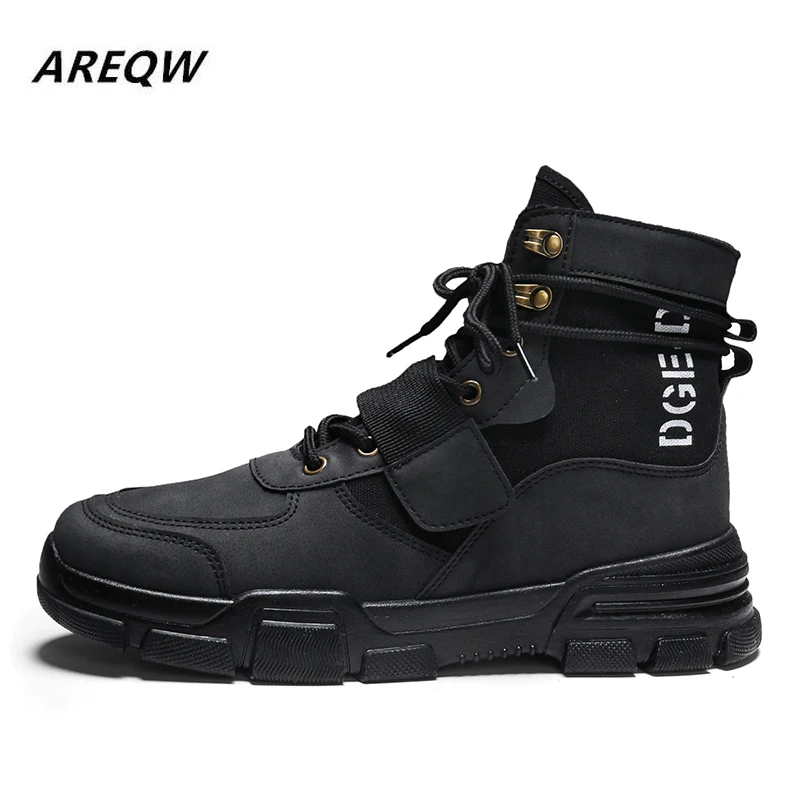 2019 г. Мужские высокие ботинки однотонные ботильоны на плоской подошве в стиле