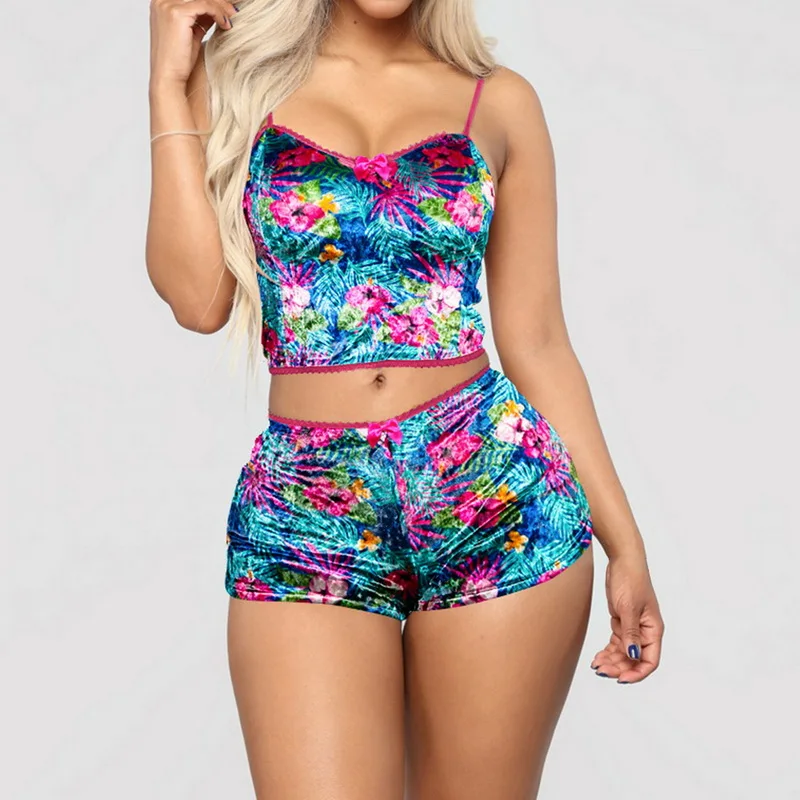 

Пикантная Пижама, комплект для вечеринки из 2 предметов, бархатная одежда для сна, пикантные бархатные шорты на бретелях-спагетти, пижамный ...