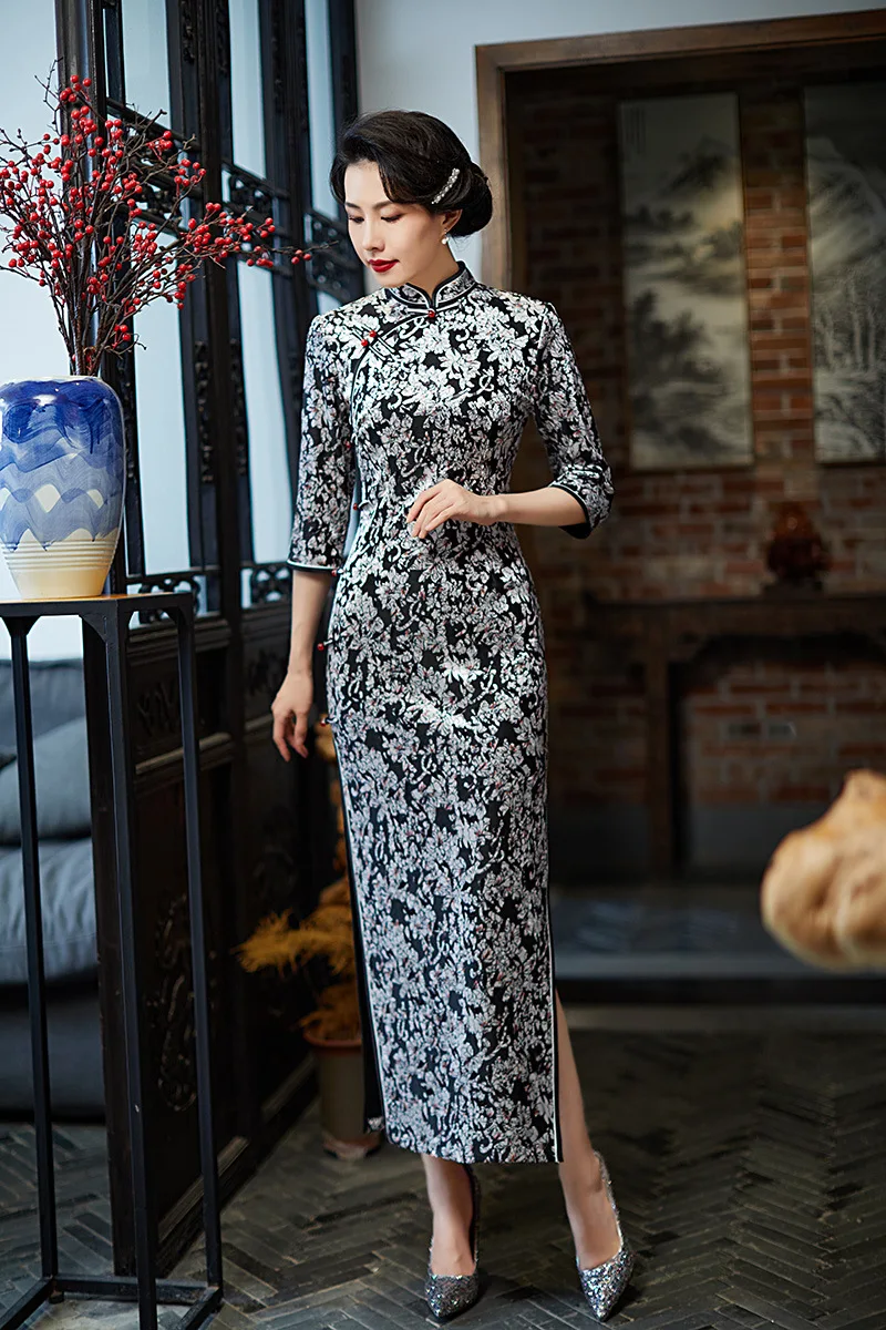 

Женское велюровое платье-Ципао в китайском стиле, элегантное вечернее праздничное платье с принтом, винтажное платье большого размера 4XL
