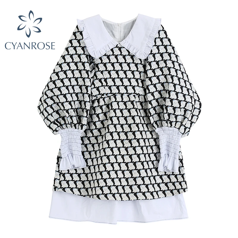 Платье-мини с длинными рукавами-фонариками и принтом кошки | Женская одежда