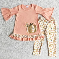sequin pumpkin print top and leggings 2pieces set for girls high quality half sleeve halloween outfit with ruffles