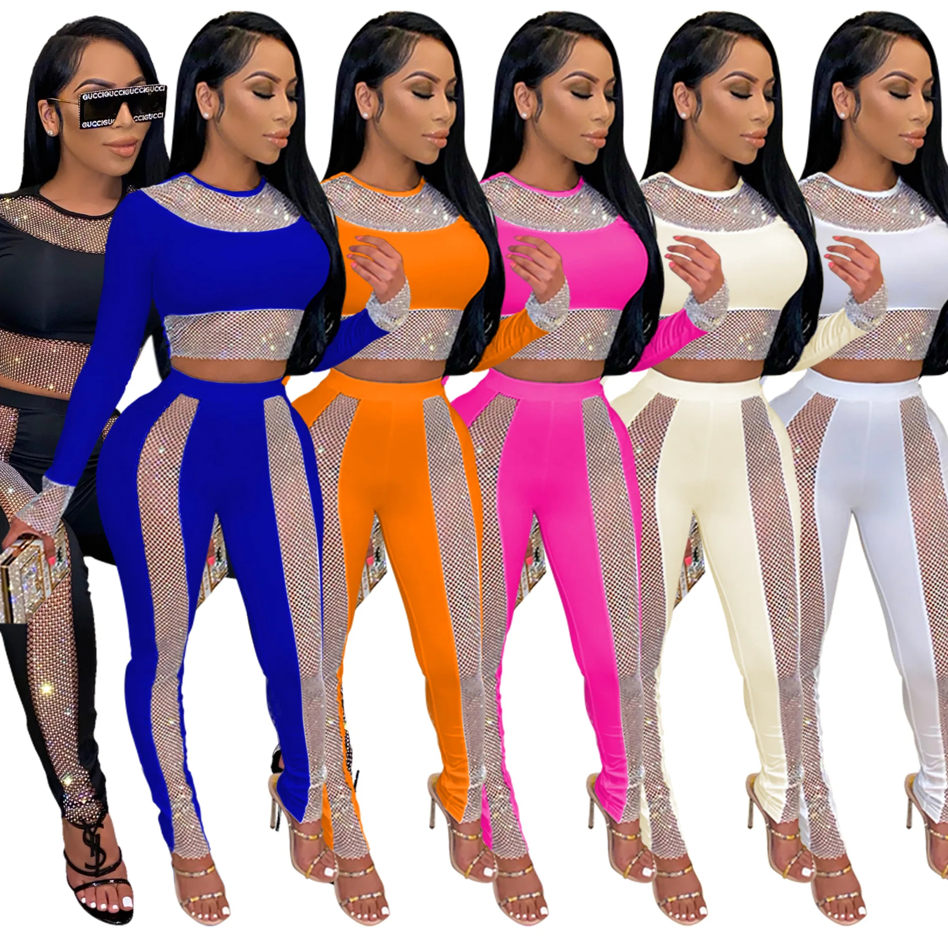 

Sequined Mesh Parchwork Two Piece Set Woman Long Sleeve Crop Top And Pencil Pants Street 2021 Autumn Sxey Female Clothing