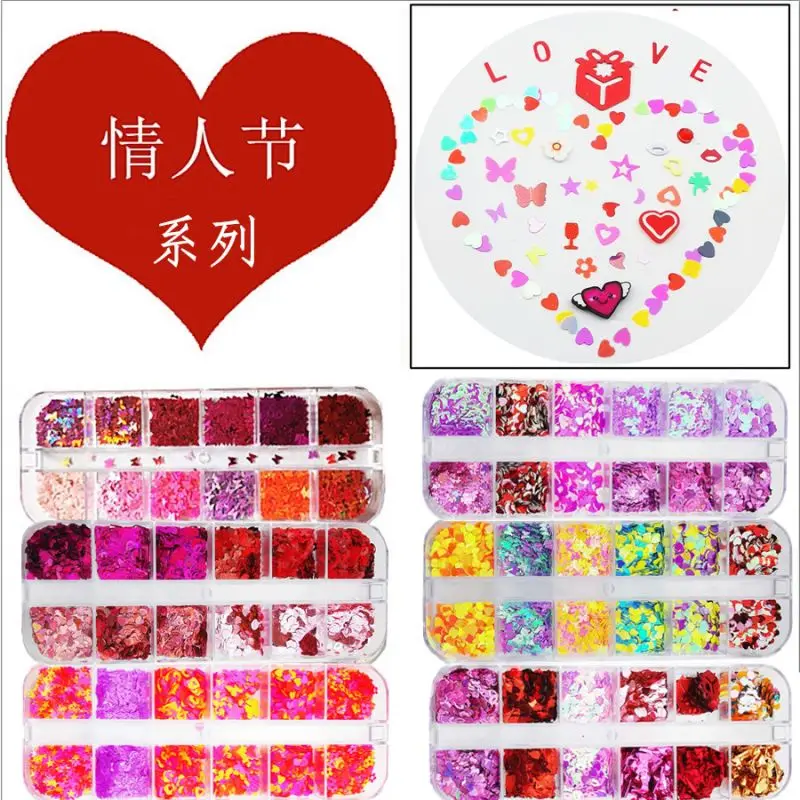 

12 Grids/box Laser Love Heart Butterfly Nail Sequins Mixed Color Sparkle Nail Glitter Flakes 3D Nail Art Decorations Accessories