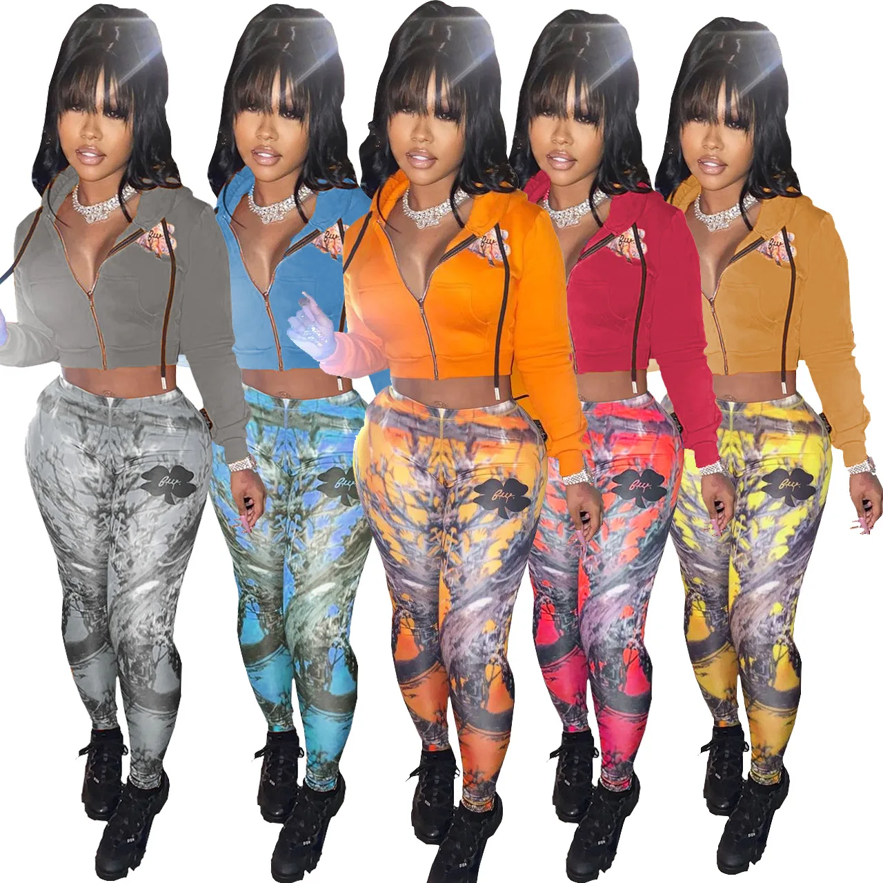 

Ursuper 2021 New Two-piece Casual Fashion Sexy Print Women Pant Set Zipper Hooded Ladies