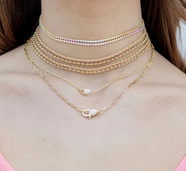 Золотистое тонкое колье цепочка для тенниса с фианитами разных цветов цветное