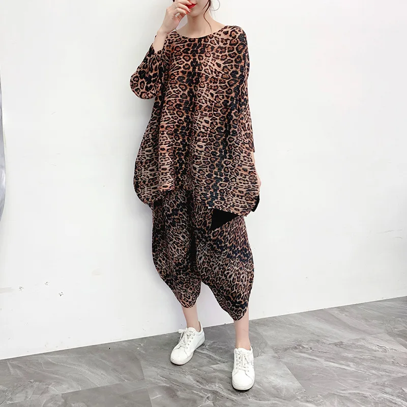 Miyake плиссированный модный костюм с леопардовым принтом женские комплекты