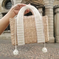 pearls beach bag women summer new elegant woven beaded straw bag female bohemia knitted large tote handbag vacation casual