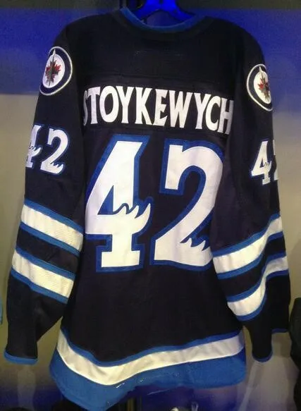 BULE 42 PETER STOYKEWYCH Manitoba moose Jets Ретро Возврат хоккейная Джерси Вышивка сшитая под заказ любое количество и имя - Цвет: BULE